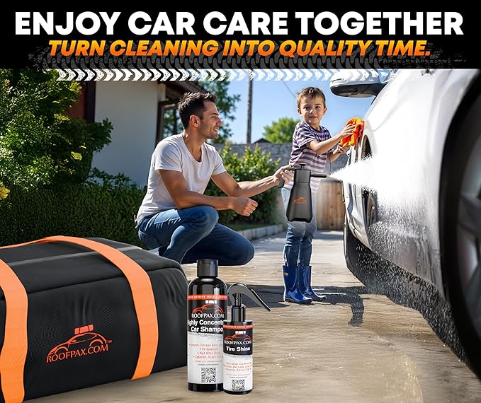 RoofPax Eco-Friendly Waterless Car Wash Spray Kit with Pressure Foam Microfiber Cloths Gel Cleaner Magic Sponge Tire Brush & Tire Spray Rinseless Car Wash for Exterior & Interior Cleaning