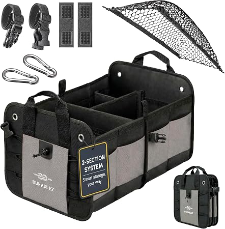 Car Trunk Organizer - Collapsible, Foldable - with Covering Net, Removable Dividers, Attachable Non-Slip Pads, Mounting 