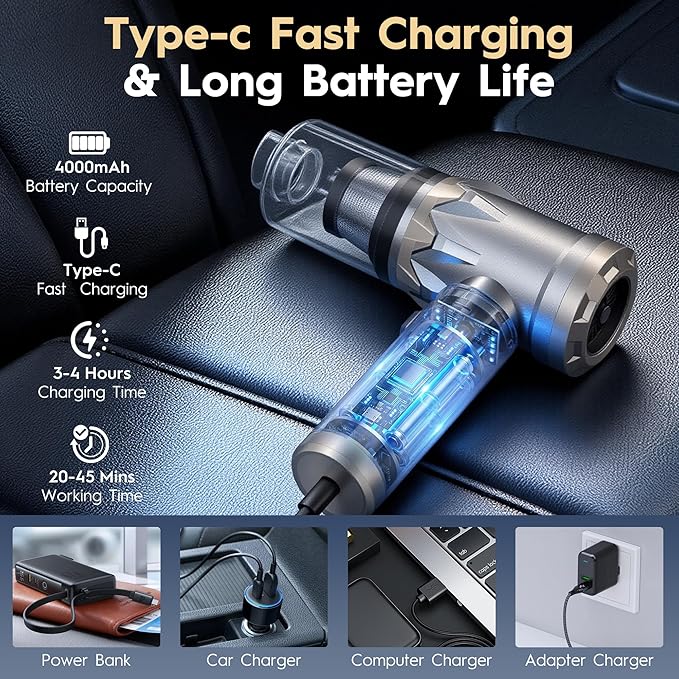 Car Vacuum Cleaner,Handheld Vacuum,15000PA High Power,3 Speed Portable Rechargeable Vacuum Cleaner with Brushless Motor,Cordless Small Vacuum for Car & Air Blower & Pump Silver
