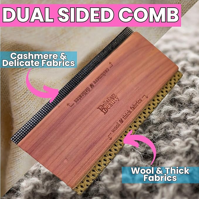 Cashmere Comb for De-Pilling Sweaters - Remove Pills, Lint, and Fuzz from Wool Garments - Dual-Sided Fabric Comb with Cedar Wood Handle