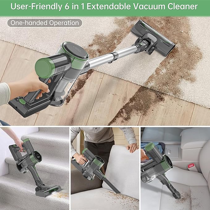 Cordless Stick Vacuum Cleaner, 45KPA Powerful Suction 50Mins Runtime, Lightweight 6-in-1 Vacuum with LED Touch Screen Anti-Tangle for Pet Hair Hard Floor Carpet Home Car