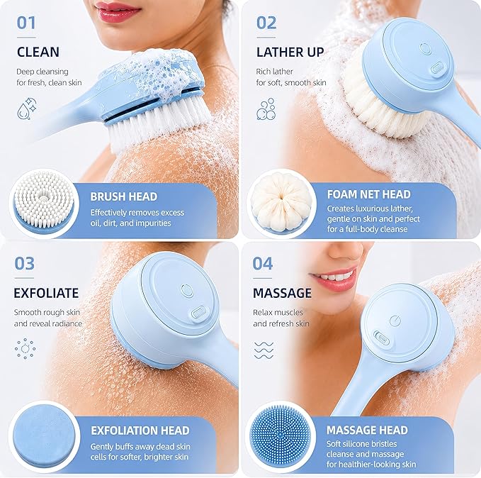 Electric Body Brush Back Scrubber for Shower, Waterproof Long Dual Handle Power Body Scrubber with 4 Heads, Rechargeable Bath Brush & 2 Speeds, for Cleansing, Exfoliating and Massaging Skin