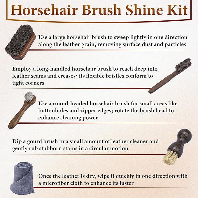 5 PCS Leather Brush Car Detailing, Horse Hair Brush, Car Cleaning Supplies, Car Interior Brush, Carpet Brush for Car Detailing, for Car Accessories Interior, Carpet, Upholstery, Furniture and Shoes