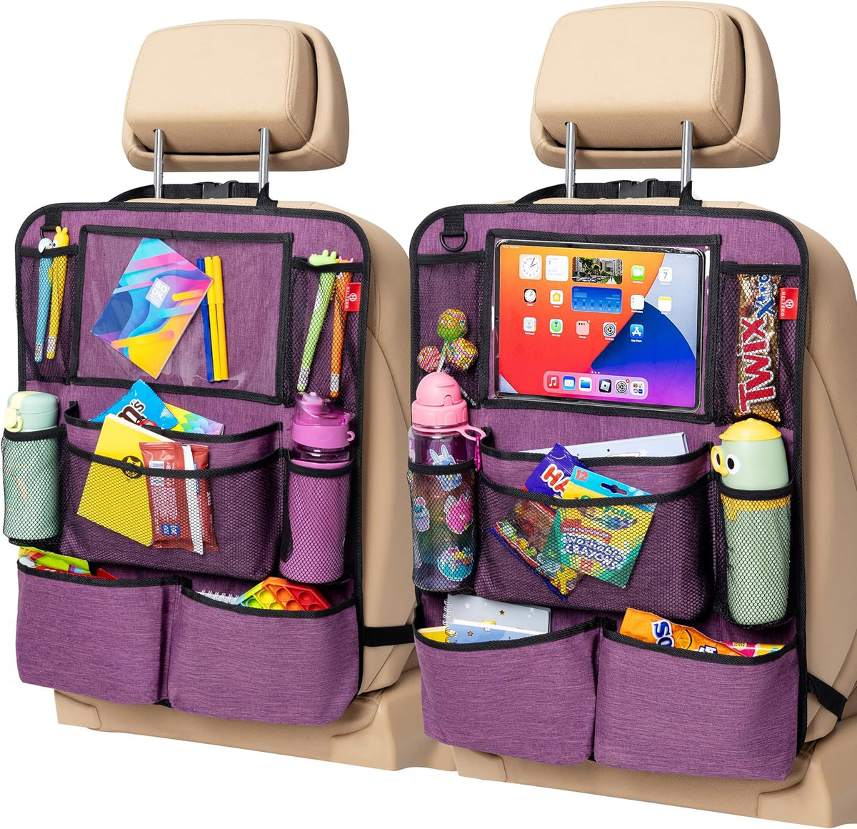 Backseat Car Organizer, Kick Mats Back Seat Protector with Touch Screen Tablet Holder, Back Seat Organizer for Kids with 9 Storage Pockets (2 Pack, Violet)