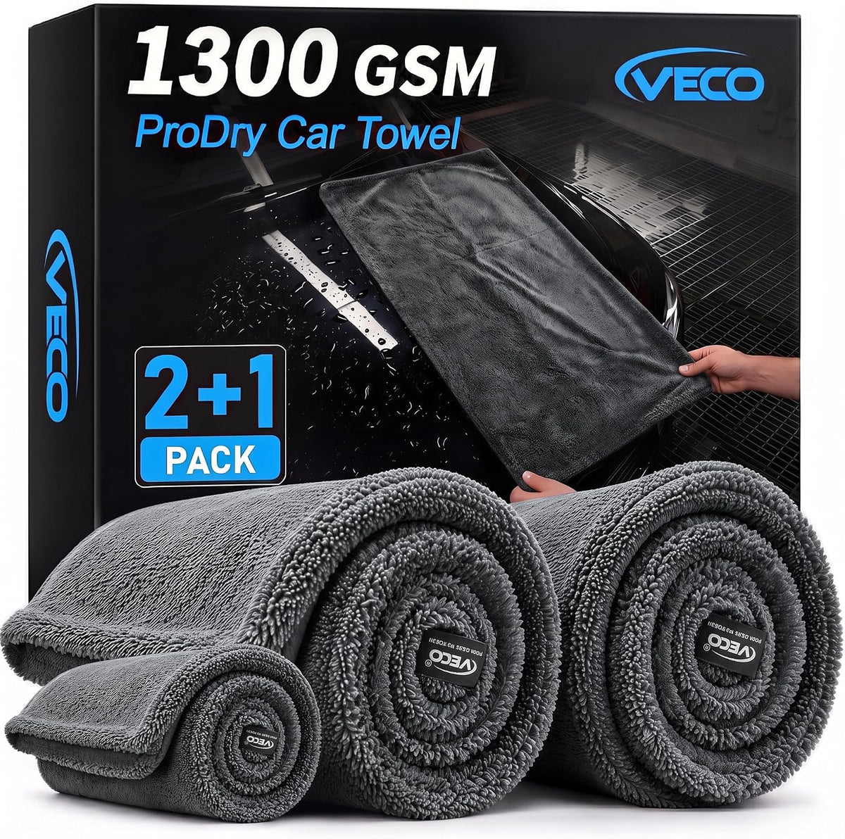 3-Piece Car Drying Towels, 1300 GSM 70/30 Twist-Loop Microfiber, Gray
