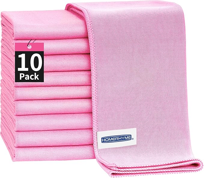 Microfiber Cleaning Cloth - 10 Pack Glasses Cleaning Cloth, 16" x 14" Window Cleaning Rags, Streak Free Lint Free Polishing Cloths Wipes for Eye Glass, Stainless Steel, Windshield, Pink