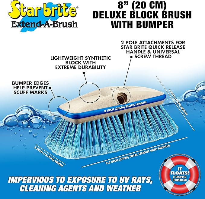 STAR BRITE Premium Medium Wash 8" Brush Head W/Bumper - Dual Connections Fit Either Standard 3/4" Threaded Poles or Extend-A-Brush Handles (Medium) (Blue) (040162)