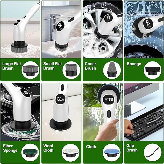 Electric Spin Scrubber, Shower Scrubber with Long Handle Adjustable LCD Display, 2 Speed Shower Cleaner, 7 Replaceable Brush Heads Bathroom Cleaning Brush, Bath Tub Power Scrubbers White G3