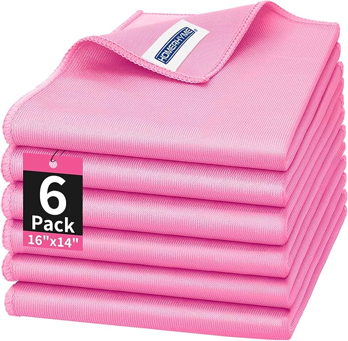 Microfiber Cleaning Cloth - 6 Pack Glasses Cleaning Cloth, 16" x 14" Window Cleaning Rags, Streak Free Lint Free Polishing Cloths Wipes for Eye Glass, Stainless Steel, Windshield, Pink