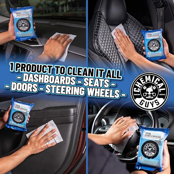 Chemical Guys PMWSPI22050 Total Interior Cleaner & Protectant Wipes Mega 100 Pack, Safe for Cars, Trucks, SUVs, Jeeps, Motorcycles, RVs & More ( 50 Ct)