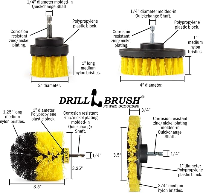 Yellow Drill Brush Attachments for Cleaning Shower, Grout, Bathroom - Grout Cleaner Drillbrush Kit - Rotary Scrub Brush Tile Cleaner Drill Attachment for Crevice Cleaning - Bathroom Tile Scrubber Set