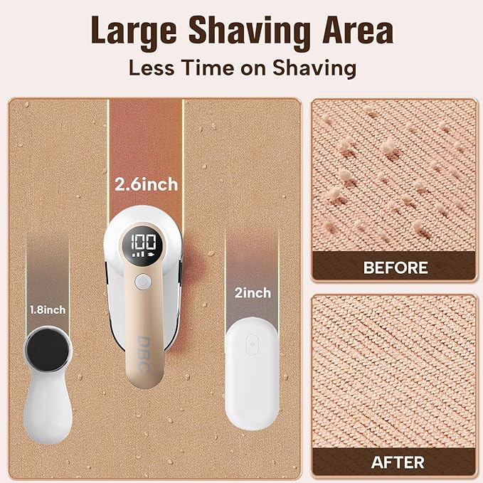DBC Fabric Shaver with 15000r/Min Powerful Motor, LED Display, 3-Speeds, 6-Leaf Blades, Large Shaving Head Lint Remover for Clothes, Lint Ball, Furniture, Fuzz - Gold & White