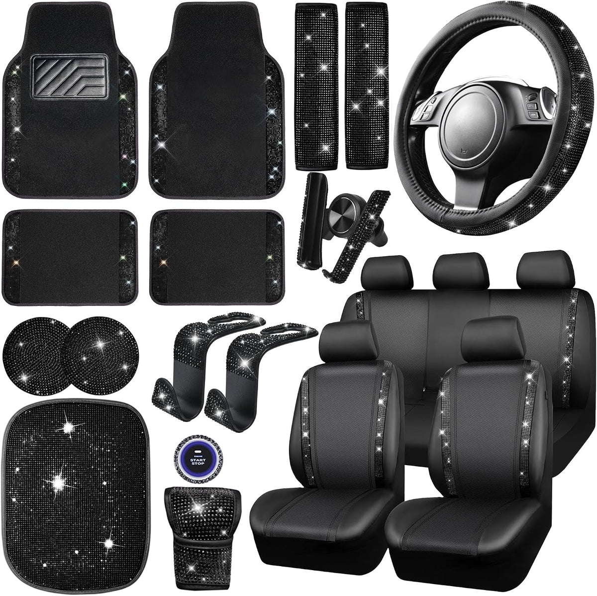 23 PCS Bling Diamond Car Accessories Set for Women, Leather Seat Covers Full Set Floor Mats Steering Wheel Cover, Coasters Seat Belt Covers Phone Holder Universal Fit Car SUV Truck Van Black