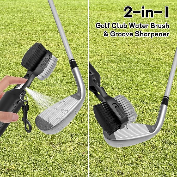 THIODOON 2 Pack Golf Club Brushes and Groove Cleaner 2 ft Retractable Zipline Carabiner Golf Brush Head with Retractable Spike Comfortable Grip Golf Club Cleaner