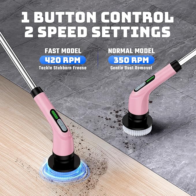 Electric Spin Scrubber - Cordless Bathroom Scrubber with 7 Brush Heads - Dual Speed IPX7 Waterproof Power Scrubber for Heavy-Duty Bathtub, Glass, Tile, and Car Cleaning (Pink)
