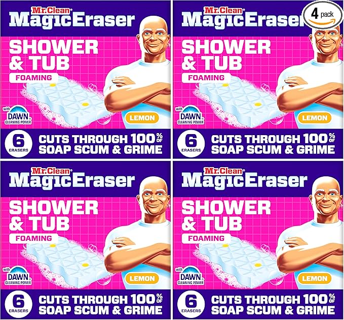 Mr. Clean Magic Eraser Sponge, Bathroom, Shower, Tub Cleaner, Soap Scum Remover, Bathroom Cleaning Supplies, Dawn Cleaning Power with Lemon Scent, Shower & Tub, 6ct (Pack of 4)