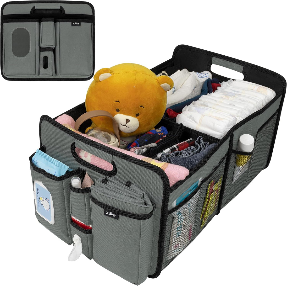 Baby Car Diaper Caddy Organizer with Changing Pad - Portable Car Caddy for Newborn Essentials, Diapers & Wipes, Perfect for Baby Shower and New Mom | Oxford Fabric, Grey