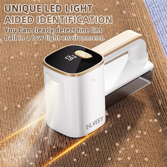 EiLVEEY Rechargeable Lint Remover, Fabric Shaver Fuzz Remover, Sweater Shavers with 6-Leaf Blades, 3-Speeds Digital LED Display to Remove Pilling for Clothing and Furniture, Lint Ball, White