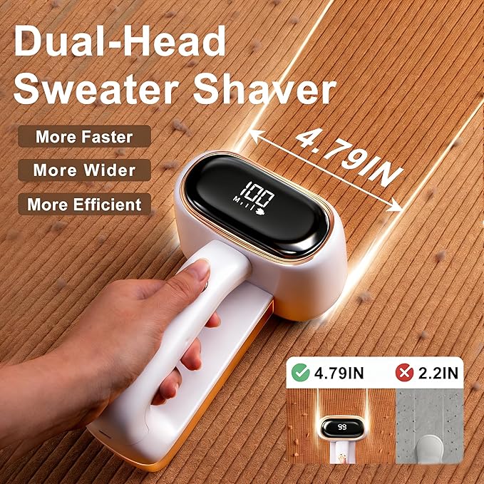Fabric Shaver Lint Removers Rechargeable Sweater Shaver with Dual Head & LCD Display for Clothes Couch Pilling Furniture, 6-Leaf Blades Defuzzer, Pearl White, 1 Piece.