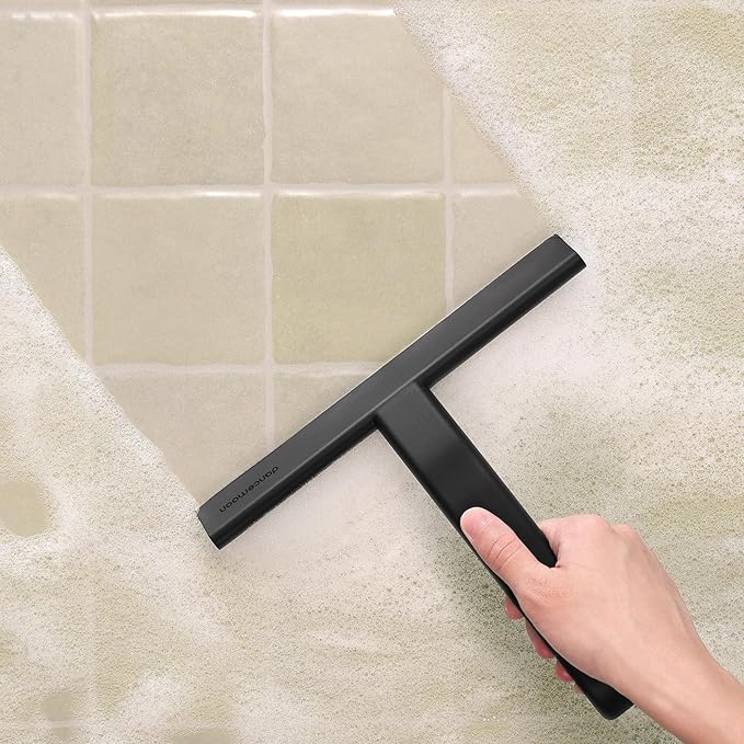 dancemoon JustHang Shower Squeegee for Glass Doors, All-One-Piece Award-Winning Silicone Squeegee with Built-in Hook for Bathroom, Window, Mirror, Tile Wall,Car, Streak-Free Cleaner Tool,10-Inch Black