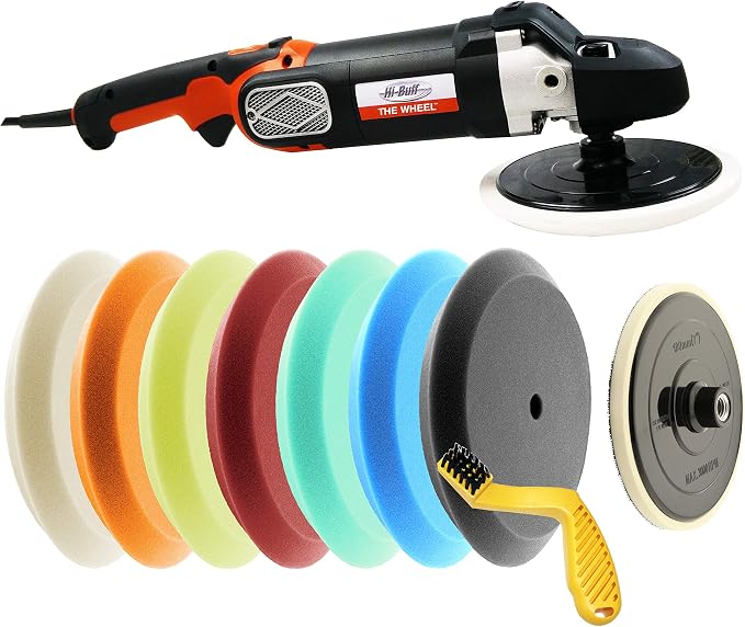 THE WHEEL Rotary Variable Speed Buffer Polisher Machine for Car and Boat Detailing, Complete Car Polishing Kit with (7) 