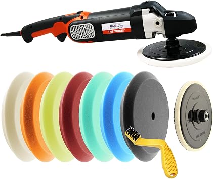 THE WHEEL Rotary Variable Speed Buffer Polisher Machine for Car and Boat Detailing, Complete Car Polishing Kit with (7) 