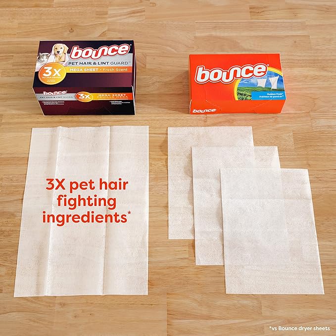 Bounce Pet Hair and Lint Guard Mega Dryer Sheets with 3X Pet Hair Fighters, Fresh Scent, 130 Count (Pack of 3)