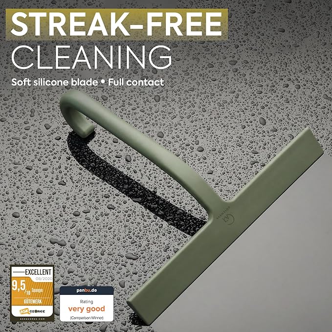GÜTEWERK Shower Squeegee for Glass Doors – Bathroom Squeegee for Shower Glass & Tile Walls, Streak-Free & No-Squeak Silicone Blade, Stainless Steel Core, Hang Hook + Suction Cup, Green, 10 Inch