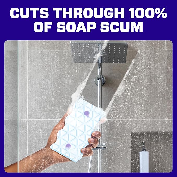 Mr. Clean Magic Eraser Sponge, Bathroom, Shower & Tub Cleaner, Soap Scum Remover, Bathroom Cleaning Supplies, Dawn Cleaning Power with Febreze Lavender Scent, 2 in 1 Bath, 7ct (Pack of 4)