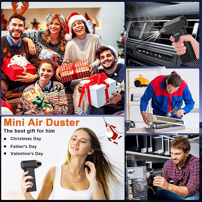 JVSCAM X3 Compressed Air Duster - Electric Air Duster with Brushless Motor,3 Gear Adjustable - Mini Air Blower- Rechargeable Air Duster for PC, Keyboard, Car,Outdoors,Home,Snow and Leaves Clearing