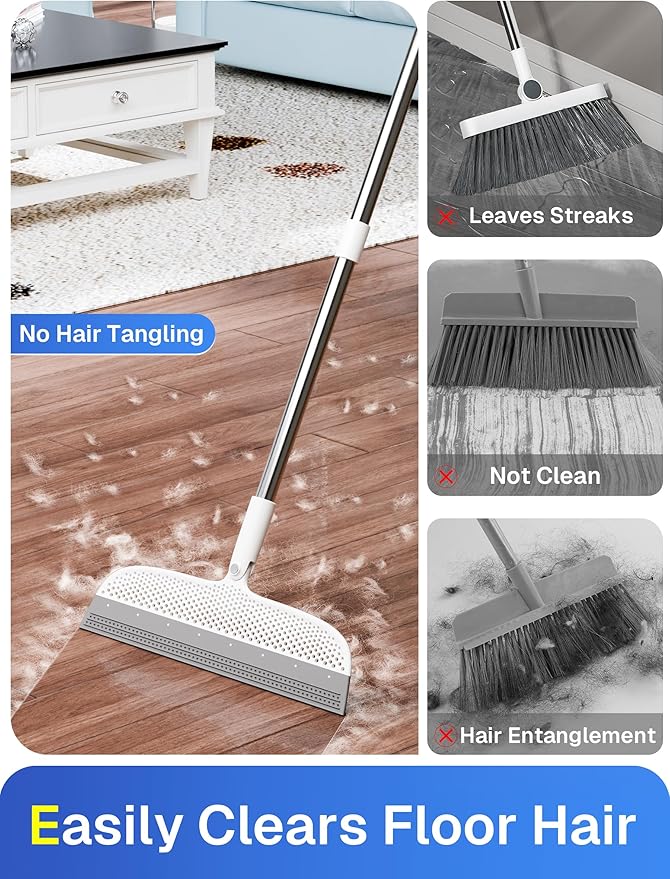 Silicone Floor Squeegee, 180° Rotating Air Broom, Squeegee for Floor with a Long Handle, Magic Broom for Water and Pet Hair Removal on Bathroom Floors, Tile, Deck and Glass, Indoor Cleaning Tool