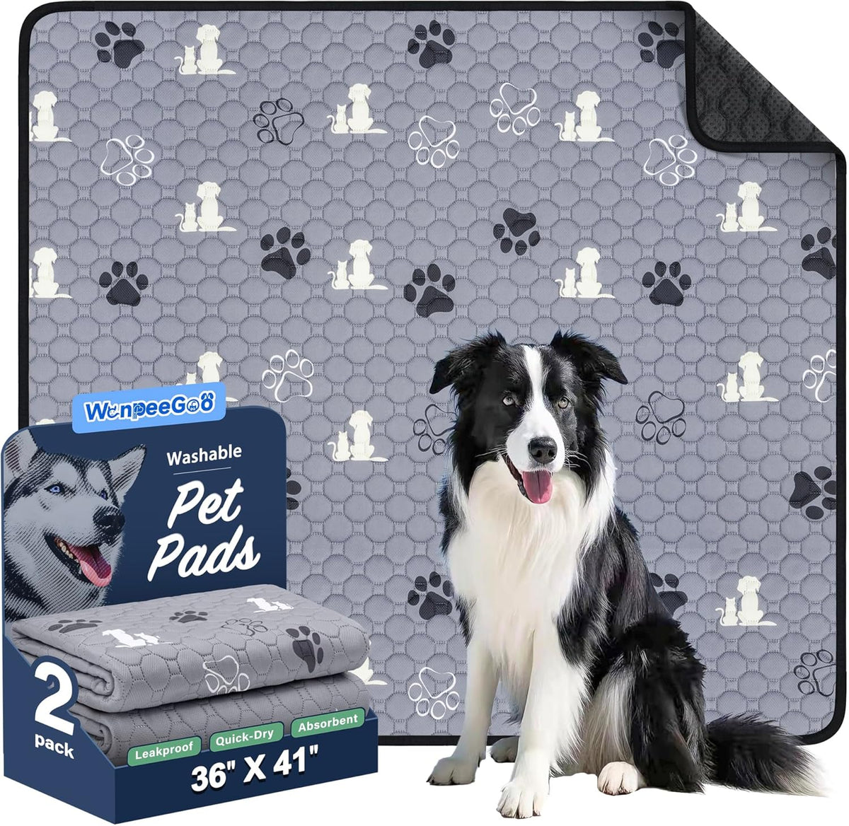 Washable Pee Pads for Dogs, Waterproof, 36 x 41 in, 2 Pack, Gray