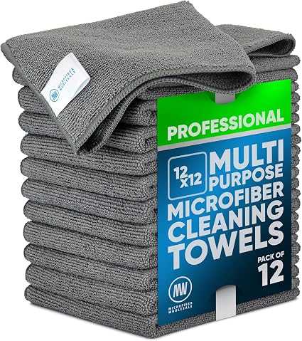 MW PRO Premium Microfiber Cleaning Cloths (12 Pack, 12x12, Grey) - Streak Free Stainless Steel & Glass Towels - Ultra So