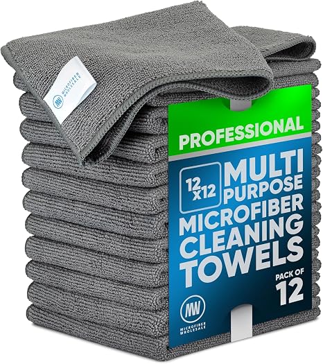 MW PRO Premium Microfiber Cleaning Cloths (12 Pack, 12x12, Grey) - Streak Free Stainless Steel & Glass Towels - Ultra So