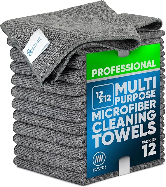 MW PRO Premium Microfiber Cleaning Cloths (12 Pack, 12x12, Grey) - Streak Free Stainless Steel & Glass Towels - Ultra So