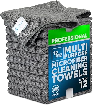 MW PRO Premium Microfiber Cleaning Cloths (12 Pack, 12x12, Grey) - Streak Free Stainless Steel & Glass Towels - Ultra So