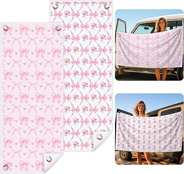 2 Pack Magnetic Beach Towel- 75"x30" Coquette Pink Bow Sand Free Quick Dry Microfiber Towel with Built-in Magnets Lightw