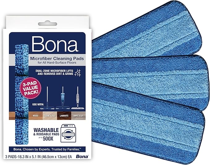 Bona Mop Microfiber Cleaning Pad for Hardwood & Hard Surface Floors - Value 3-Pack - For Use With Bona Mops - Dual Zone Cleaning