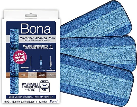 Bona Mop Microfiber Cleaning Pad for Hardwood & Hard Surface Floors - Value 3-Pack - For Use With Bona Mops - Dual Zone Cleaning