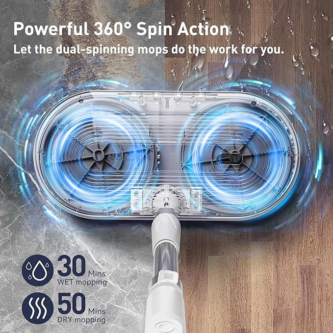Cordless Electric Spin Mop, Electric Floor Cleaner with Water Sprayer & LED Headlight, 50mins Working Time, 290ml Water Tank, Adjustable Tube, Self-Propelled Multi-Surfaces Floor Mop for Home Cleaning