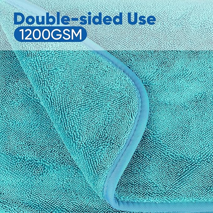 HOMEXCEL Professional Car Drying Towel (36"x 24") with Twisted-Loop Technology, 1200GSM for a Streak-Free Finish – Microfiber Towels for Cars, Trucks, SUVs, RVs and Motorcycles, Lake Green