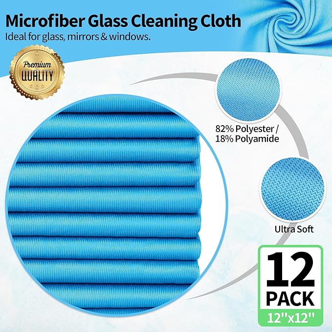 Microfiber Glass Cleaning Cloth, 12 Pack Window Glass Cleaning Rags, Reusable Lint-Free Streak Free Polishing Cloth Wipes for Stainless Steel, Eyeglasses, Mirrors, Screens & Lenses,12" 12"