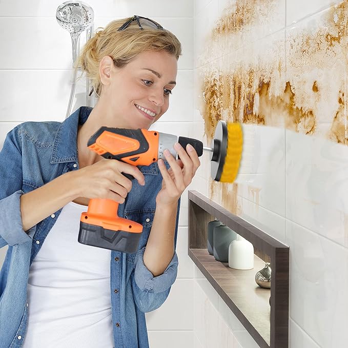 SCRUBIT Drill Brush Attachment Set - Power Scrubber Tile and Grout Tool - Use for Kitchen, Shower, Bathtub and Floor Surface - All Purpose Household Cleaning Kit Includes 3 Brushes with A Bit Extender