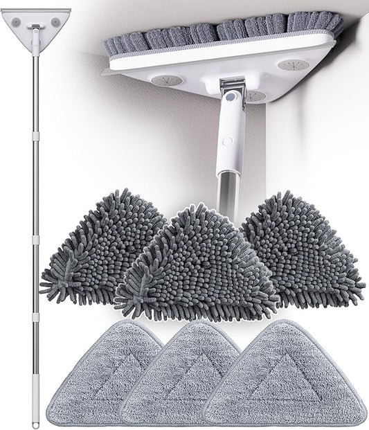 Wall Cleaner Mop with Long Handle, Wall Duster with Extension Pole, Dust Mop with 6 Reusable Pads, 3-in-1 Wall Cleaner for Wall, Ceiling, Window, Baseboard, Floors