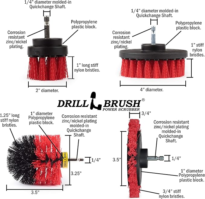 Red Stiff Nylon Bristle Brush Set for Outdoor Cleaning - Versatile Crevice Tool for Garage, Deck, House Siding, Concrete, Brick, Stone, Masonry, Vinyl Siding, Wood, and Patio Cleaner - Gutter Brush