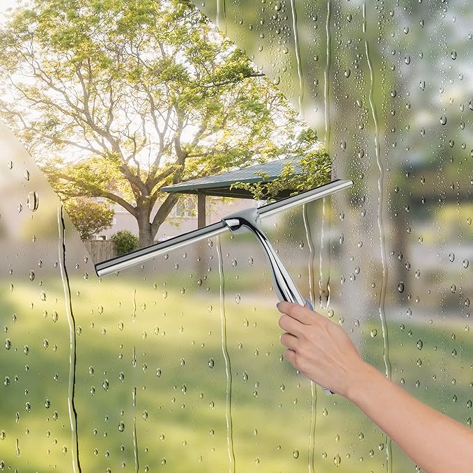 Squeegee for Shower Glass Door with Holder, 10" Silicone Blade, Stainless Steel Chrome Handle, for Kitchen Window, Bathroom Mirror & Car Glass Cleaning by Fab Glass and Mirror