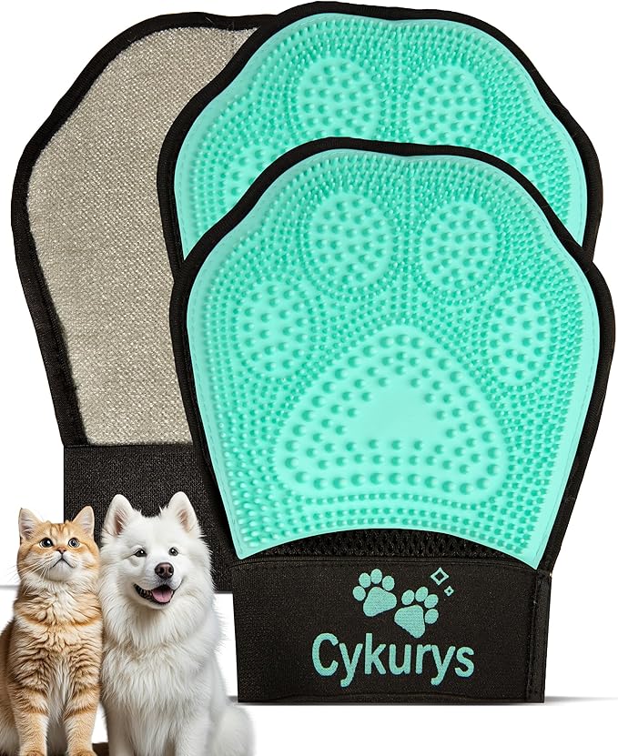 Pet Hair Removal Glove for Dogs & Cats(2-Pack), 2-in-1 Double-Sided Pet Grooming Glove, Electrostatic Pet Hair Remover Glove for Clothes & Furniture + Silicone Brush for Deshedding Pets