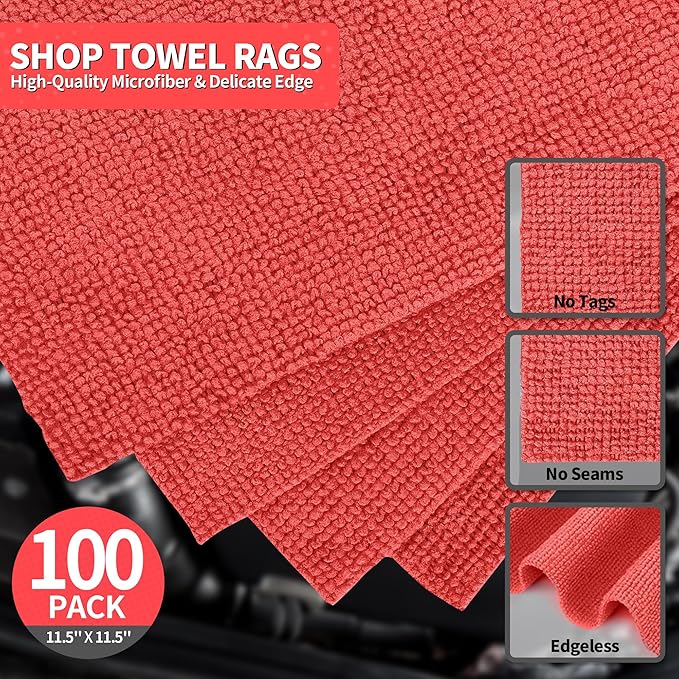 Shop Towels Rags, 100 Pack Microfiber Cleaning Cloth Bulk Absorbent Detailing Rags, Lint-Free Microfiber Towels for Cars, Mechanic, Shop, Garage & Housekeeping 11.5"*11.5" Red