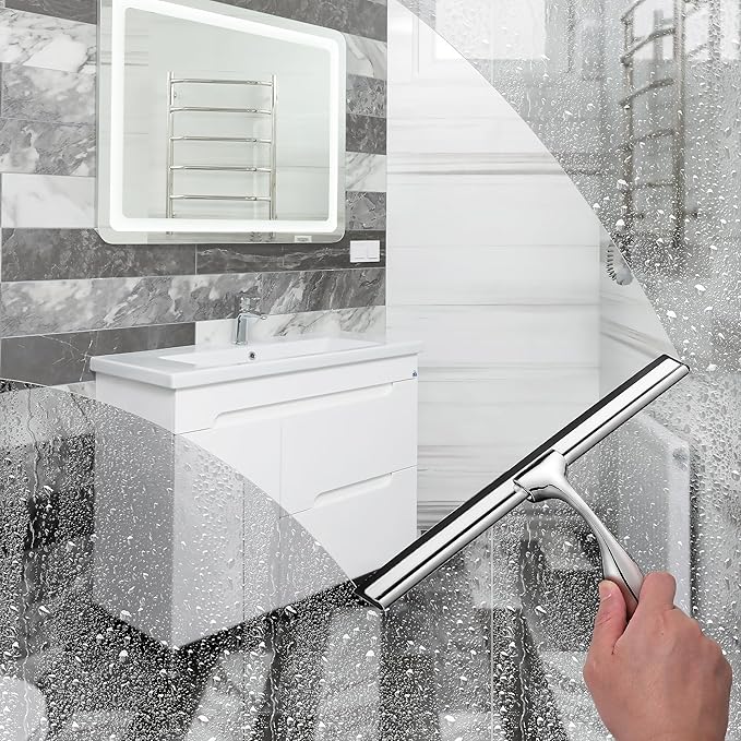 10" Squeegee for Shower Glass Door LASSHSWA All-Purpose Shower Squeegee for Glass Doors Bathroom Cleaner Tool Car Window Mirror Tile Wall Windshield Household with 2 Hooks and 2 Rubber Strips