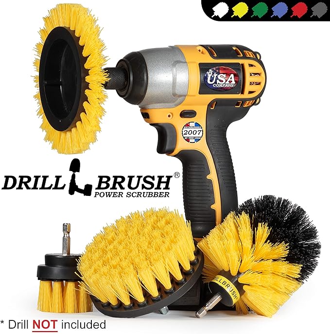 Yellow Drill Brush Attachments for Cleaning Shower, Grout, Bathroom - Grout Cleaner Drillbrush Kit - Rotary Scrub Brush Tile Cleaner Drill Attachment for Crevice Cleaning - Bathroom Tile Scrubber Set